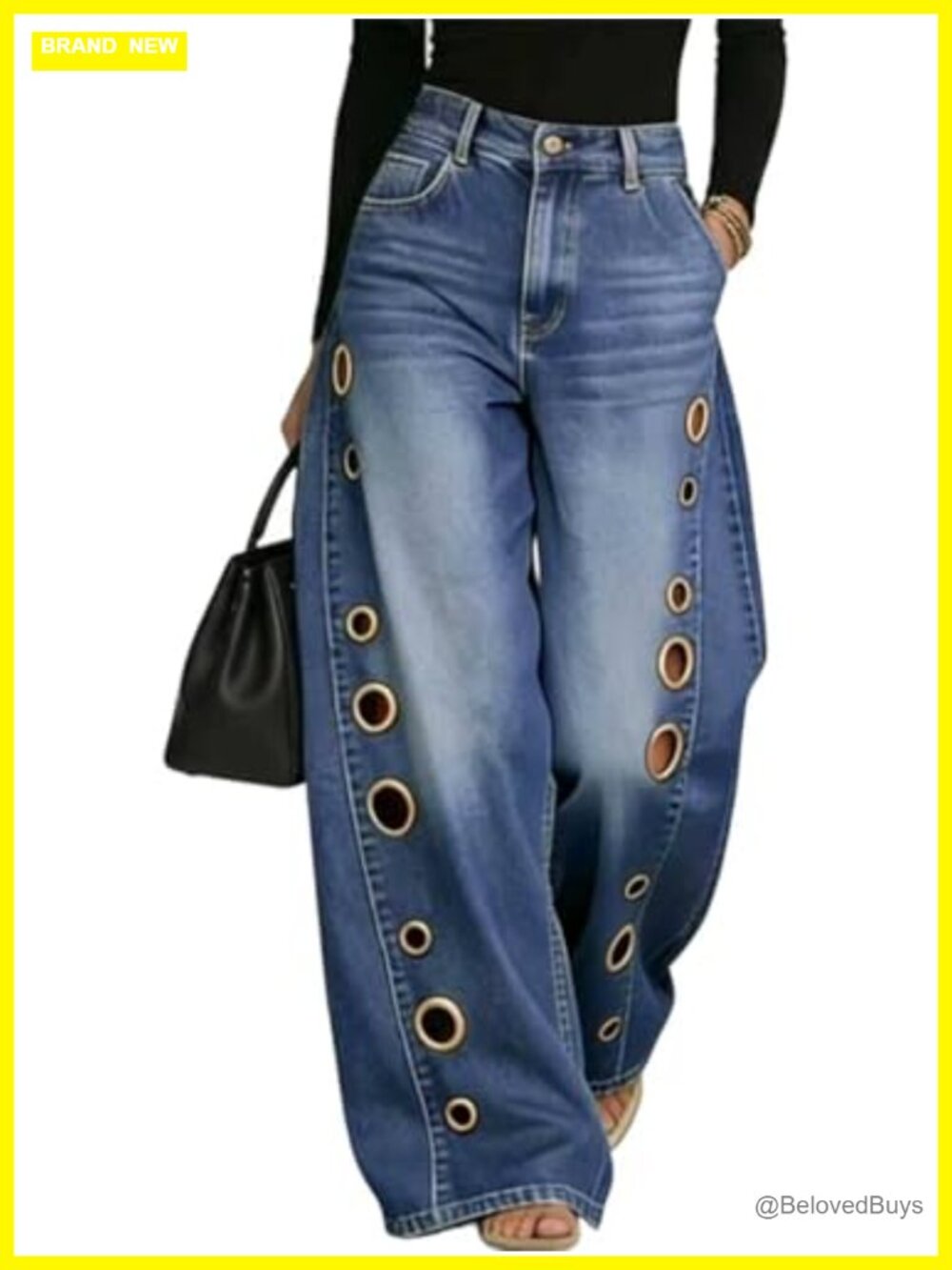 High Waist Wide Leg Barrel Jeans Metal Ring Cut-Out Distressed Denim Pants
